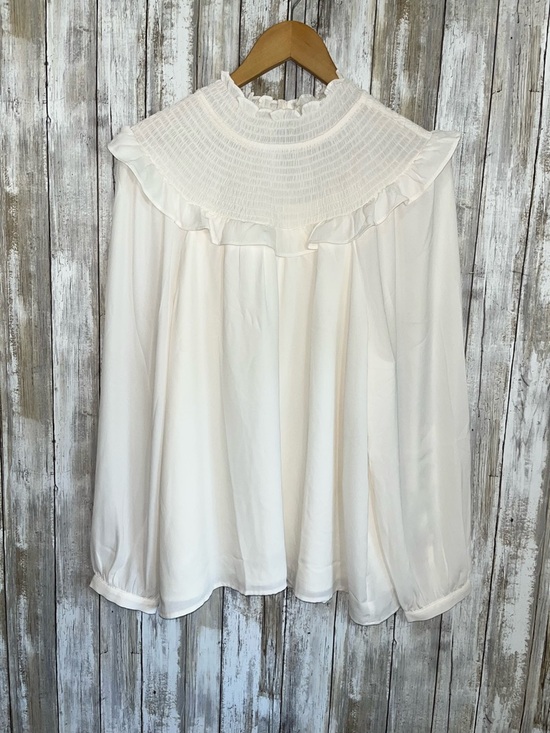 LOFT Tops - LOFT Cream Smocked Ruffle Neck Blouse Large Long Sleeve Sheer Feminine Top
